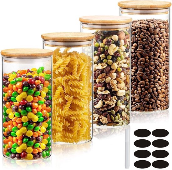 Quality Bidons alimentaires - Boîtes - Glas avec couvercle - 1200 ML - Ensemble de 4 pièces - Durable - Autocollants et stylo réinscriptibles gratuits