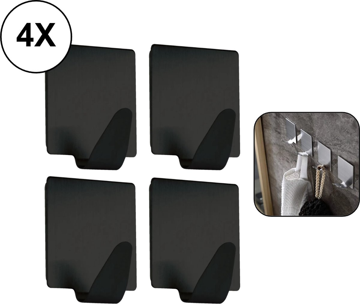 PD® - Zwarte 4-delige mini Handdoekhaak Set - Geen Boren Nodig - Gepoedercoat Metaal - Perfect voor Handdoeken, Theedoeken etc.