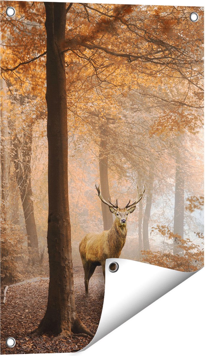 Gards Tuinposter Hert in het Bos - Herfst - 40x60 cm - Tuindoek - Tuindecoratie - Wanddecoratie buiten - Tuinschilderij Multikleur