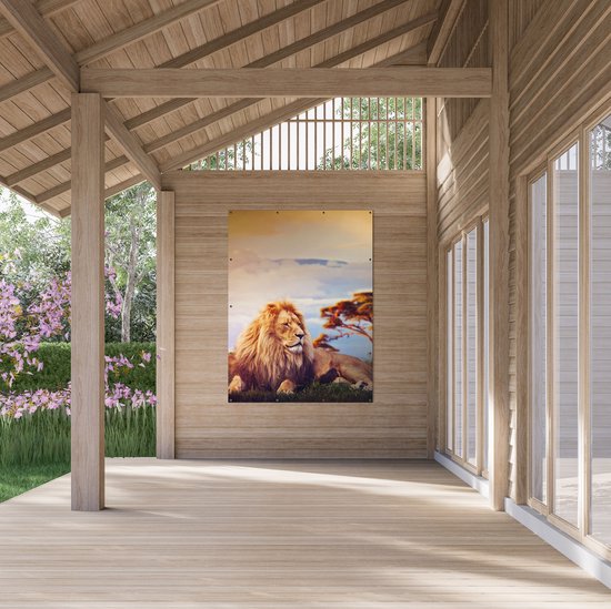 Affiche jardin Gards Lion au coucher du soleil - 120x160 cm - Toile jardin - Décoration de jardin - Décoration murale extérieur - Tableau jardin
