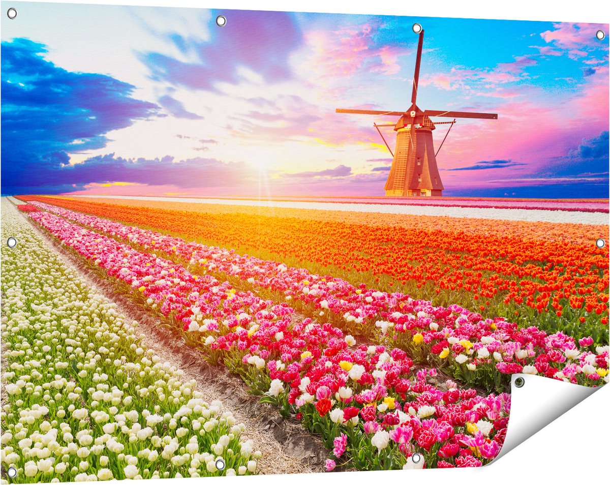 Gards Tuinposter Kleurrijke Bloemenveld met een Windmolen - 120x80 cm - Tuindoek - Tuindecoratie - Wanddecoratie buiten - Tuinschilderij Multikleur