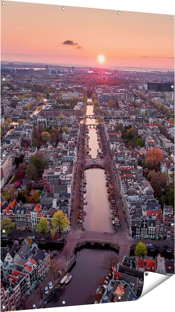 Gards Tuinposter Bovenaanzicht Amsterdam met Zonsondergang - 120x180 cm - Tuindoek - Tuindecoratie - Wanddecoratie buiten - Tuinschilderij Multikleur