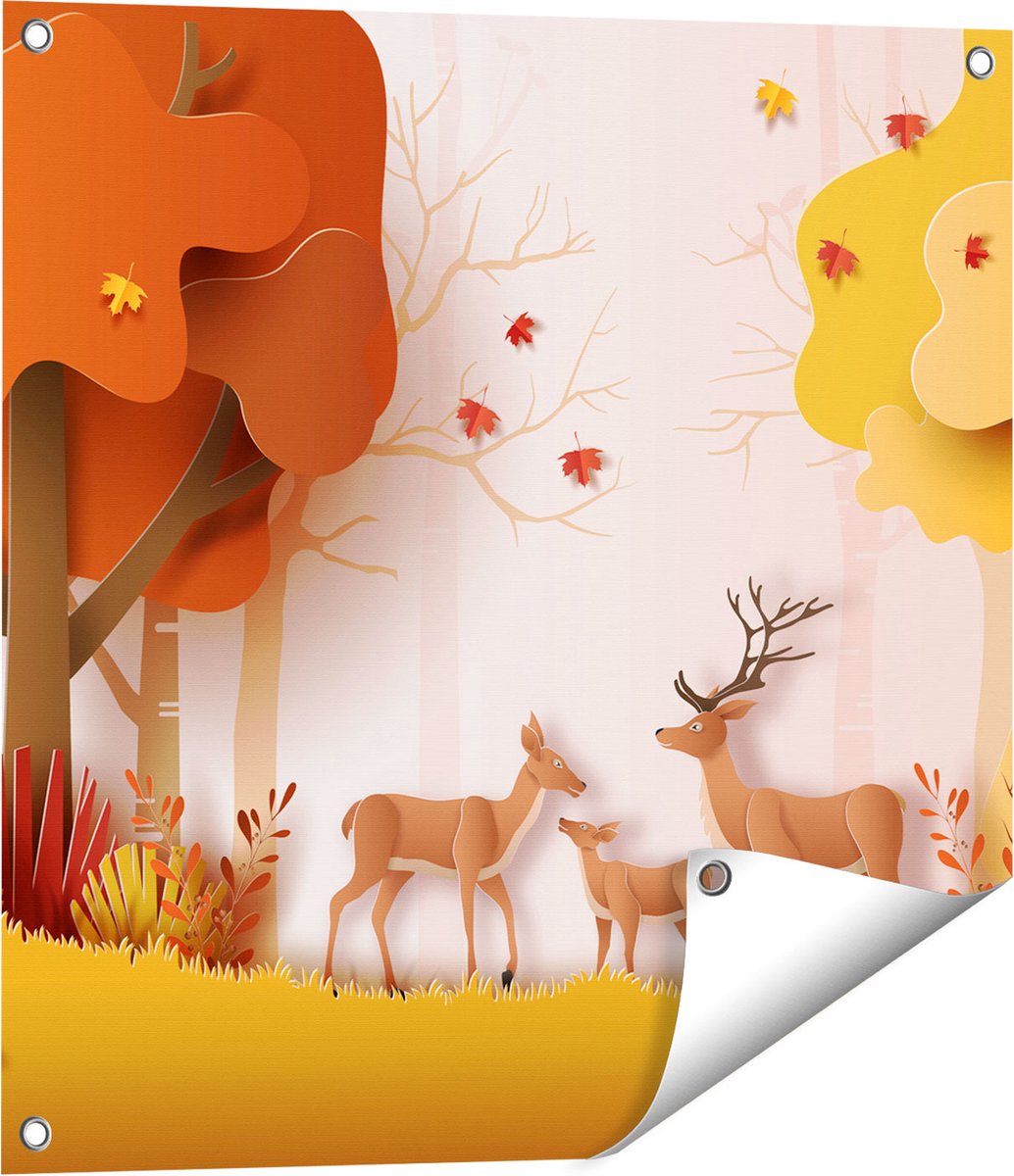 Gards Tuinposter Herten in het Bos Illustratie - Abstract - 60x60 cm - Tuindoek - Tuindecoratie - Wanddecoratie buiten - Tuinschilderij Multikleur