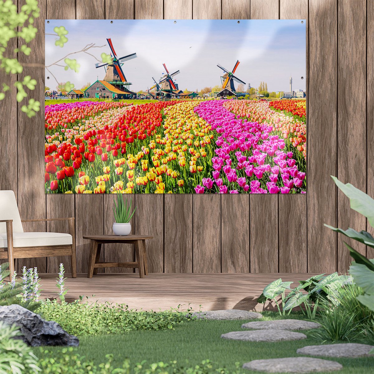 Gards Affiche de jardin Tulipes roses Champ de fleurs - avec Moulin à vent  - 210x70 cm