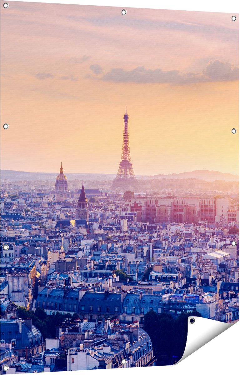 Gards Tuinposter Skyline van Parijs tijdens Zonsondergang - 90x120 cm - Tuindoek - Tuindecoratie - Wanddecoratie buiten - Tuinschilderij Multikleur