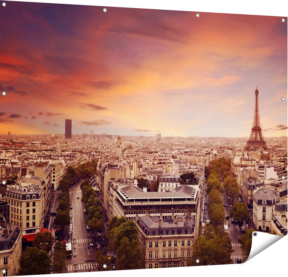 Gards Tuinposter Skyline Parijs met Eiffeltoren - 150x120 cm - Tuindoek - Tuindecoratie - Wanddecoratie buiten - Tuinschilderij Multikleur