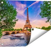 Gards Tuinposter Eiffeltoren in Parijs aan het Water - Kleur - 50x40 cm - Tuindoek - Tuindecoratie - Wanddecoratie buiten - Tuinschilderij