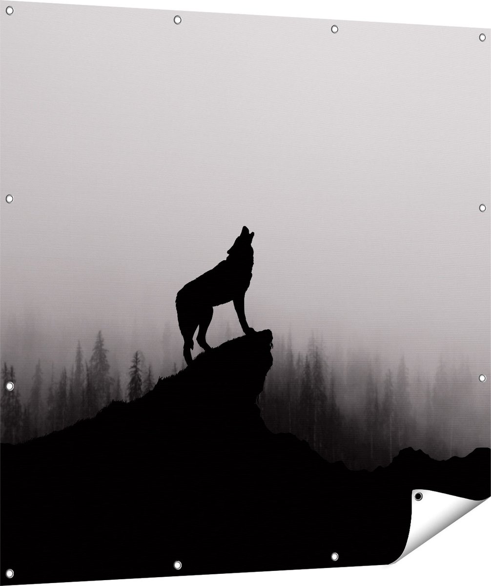 Gards Tuinposter Silhouet van een Huilende Wolf - Abstract - 120x120 cm - Tuindoek - Tuindecoratie - Wanddecoratie buiten - Tuinschilderij Multikleur