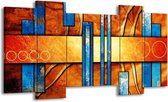 GroepArt - Schilderij - Abstract - Blauw, Geel, Oranje - 120x65 5Luik - Foto Op Canvas - GroepArt 6000+ Schilderijen 0p Canvas Art Collectie - Wanddecoratie
