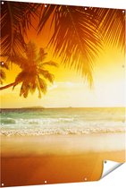 Gards Tuinposter Tropisch Strand tijdens Zonsondergang - 120x150 cm - Tuindoek - Tuindecoratie - Wanddecoratie buiten - Tuinschilderij