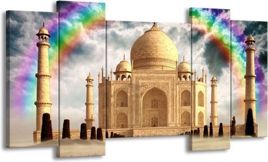 GroepArt - Schilderij - Taj Mahal - Crème - 120x65 5Luik - Foto Op Canvas - GroepArt 6000+ Schilderijen 0p Canvas Art Collectie - Wanddecoratie
