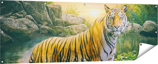 Gards Tuinposter Luipaard in een Vijver bij Zonsondergang - 180x60 cm - Tuindoek - Tuindecoratie - Wanddecoratie buiten - Tuinschilderij