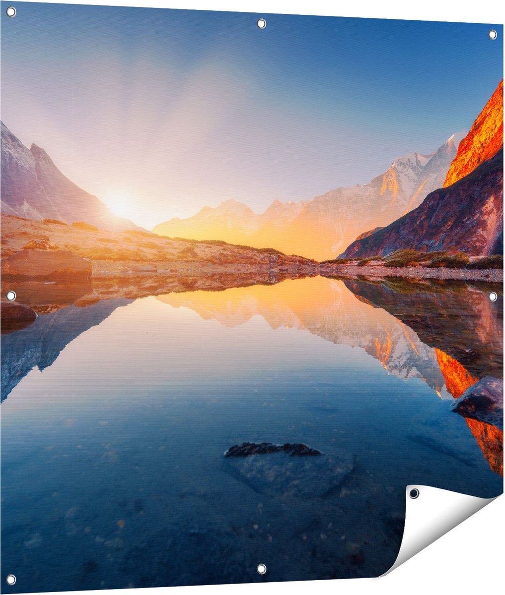 Gards Tuinposter Bergen Landschap met Zonsopgang - 100x100 cm - Tuindoek - Tuindecoratie - Wanddecoratie buiten - Tuinschilderij Multikleur