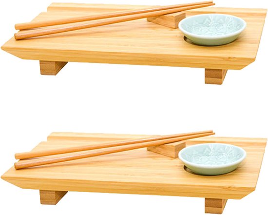 Foto: 2x japanse sushi serveerbladen 27x16x4 bamboe borden houten planken met schaaltjes