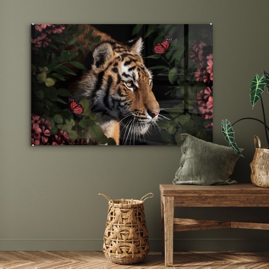 Peintures sur verre - Tigre - Papillons - Fleurs - 120x80 cm - Peintures Plexiglas