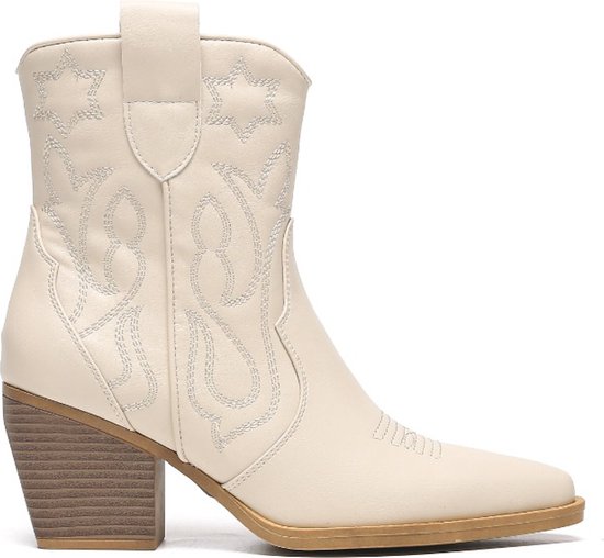 SmileFavorites® Dames Cowboylaarzen met Hak Kort - Imitatieleer - Beige