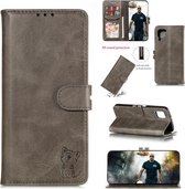 Voor Samsung Galaxy A12 Reliëf Happy Cat Patroon Horizontale Flip Lederen Case met Houder & Kaartsleuven & Portemonnee (Grijs)