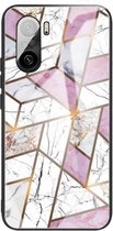 Voor Xiaomi Redmi K40 / K40 Pro / K40 Pro + beschermhoes van abstract marmerpatroon glas (ruit wit paars)