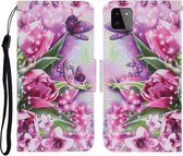 Voor Samsung Galaxy A22 5G Gekleurde Tekening Patroon Horizontale Flip PU Lederen Case met Houder & Kaartsleuven & Portemonnee & Lanyard (Rose Vlinder)