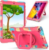 Contrasterende kleur schokbestendige robot siliconen + pc-hoes met polsbandhouder voor iPad 10.2 & 10.2 (2020) (camouflage + roze rood)