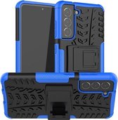 Voor Samsung Galaxy S21 FE Band Textuur Schokbestendig TPU + PC Beschermhoes met Houder (Blauw)