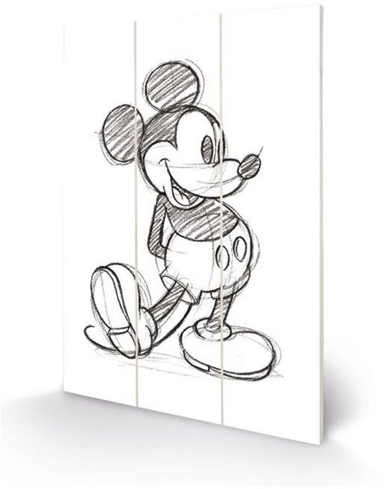 Panneau mural en bois avec croquis de Mickey Mouse, en noir et blanc avec son short rouge emblématique et ses boutons blancs.