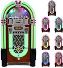 Een collage van een jukebox in verschillende LED-kleuren, inclusief groen, roze en blauw.