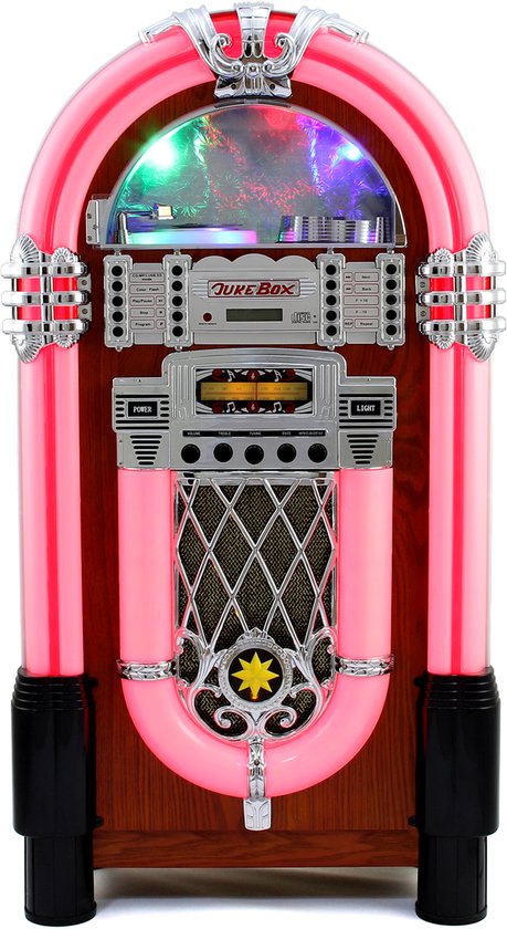 Roze jukebox met verlichte randen, houten kast, chromen details en sfeerverlichting.