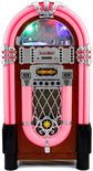 Roze jukebox met verlichte randen, houten kast, chromen details en sfeerverlichting.