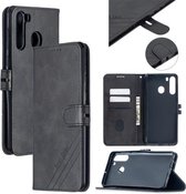 Voor Samsung Galaxy A21 US Versie Stiksels Stijl 2-Kleur Koe Textuur Horizontale Flip PU Lederen Case met Houder & Kaartsleuf & Lanyard (Zwart)