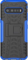 Mobigear Hoesje geschikt voor LG V60 ThinQ Telefoonhoesje Hardcase | Mobigear Tire Backcover Shockproof met Standaard | Schokbestendig V60 ThinQ Telefoonhoesje | Anti Shock Proof - Zwart / Blauw