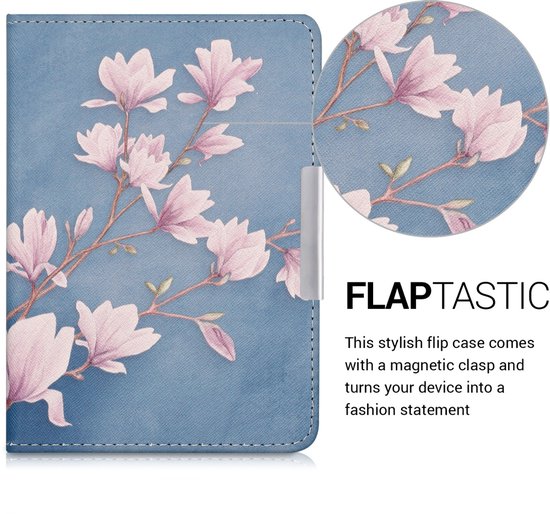 kwmobile e-reader hoesje geschikt voor Tolino Shine 2 HD hoes - E reader flip case met magnetische sluiting - Ereader cover - Magnolia design in taupe / wit / blauwgrijs van Merkloos — afbeelding 2