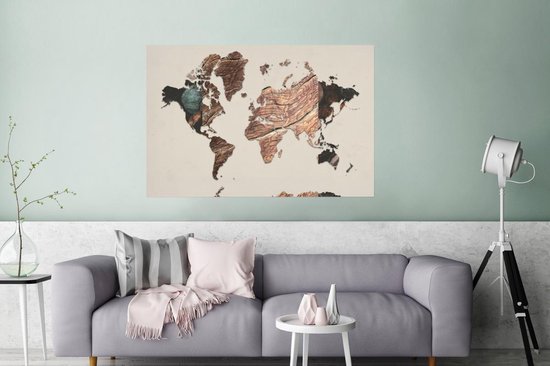 Poster - Wereldkaart - Hout - Bruin - 120x80 cm