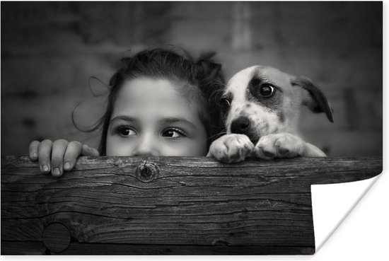 Amitié entre une fille et un chien en noir et blanc 30x20 cm - petit