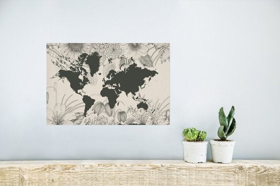 Carte du monde gris foncé décorée d'illustrations de fleurs 30x20 cm