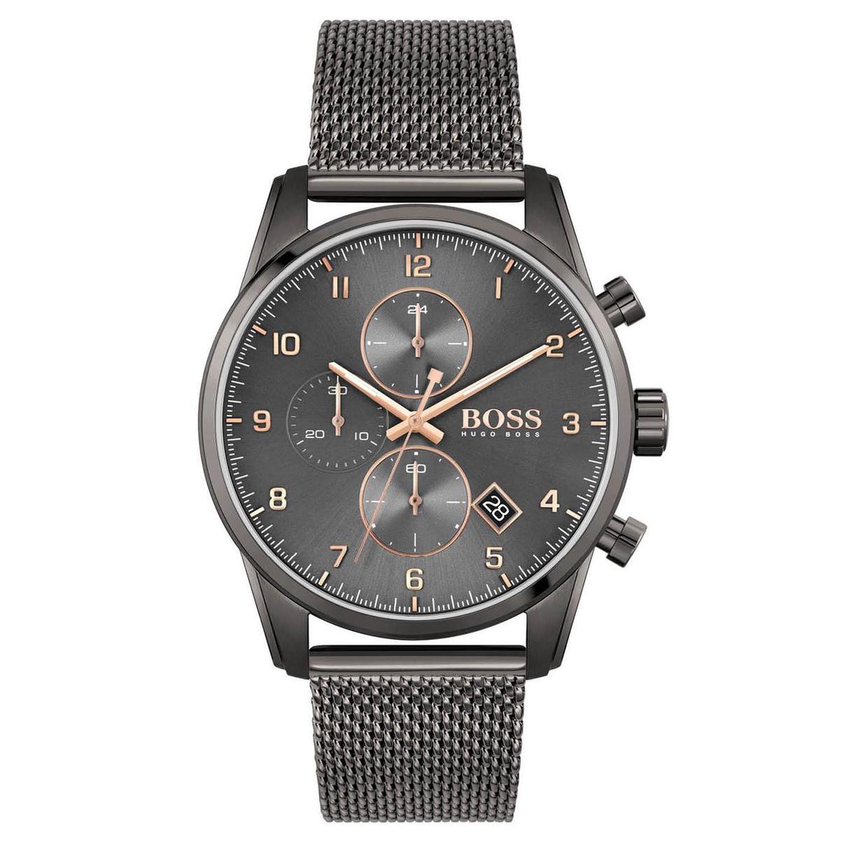 BOSS HB1513837 SKYMASTER Heren Horloge - Chronograaf - Mineraalglas - Roestvrijstaal - Grijs - Ø 44 mm - Quartz - Druksluiting - 5 ATM (douchen)