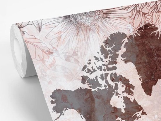 Carte du monde rouge foncé avec un motif gris dessus, décorée d'illustrations de fleurs 390x260 cm