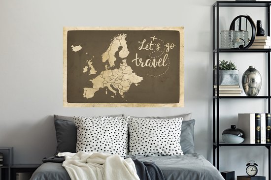 Sticker Muursticker Cartes d'Europe - Carte d'Europe Vintage avec texte Let's go travel - 120x80 cm - Film adhésif autocollant - Sticker mural repositionnable