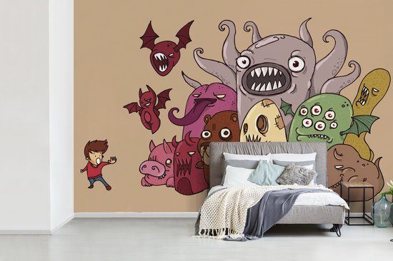 Papier peint Papier peint photo en vinyle - Monstres absurdes avec un garçon effrayé largeur 420 cm x hauteur 280 cm - Tirage photo sur papier peint (disponible en 7 tailles)