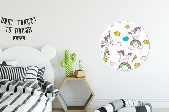 Illustration de licornes sur des arcs-en-ciel Sticker mural cercle papier peint 80x80 cm / cercle papier peint / cercle mural / cercle vivant - autocollant et coupe ronde