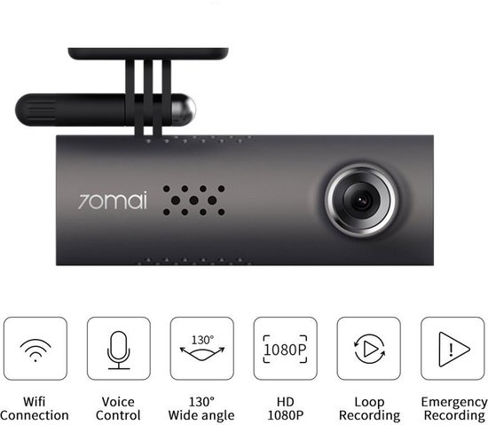 Zwart 70Mai dashcam met camera, speakergaten, en vijf iconen: wifi, stembediening, groothoek, HD 1080P, loop recording, noodopname.