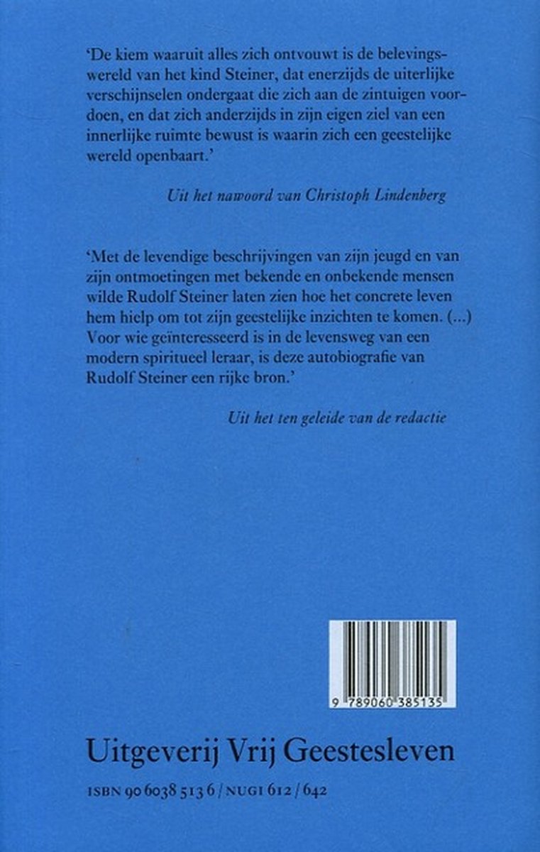 Achterkant boek "Mijn levensweg" met tekst en ISBN-barcode.