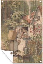 Tuindecoratie Illustratie van een vrouw bij een huisje in het bos - 40x60 cm - Tuinposter - Tuindoek - Buitenposter