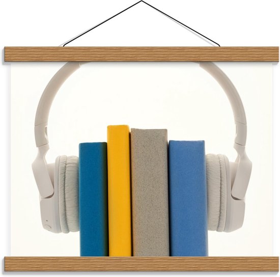 Schoolplaat - Witte Koptelefoon om Boeken - Foto op Textielposter (Wanddecoratie op Schoolplaat)