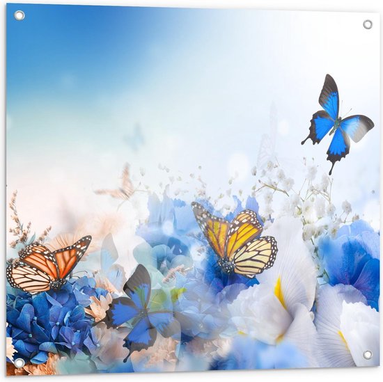 Tuinposter – Sprookjesachtige Blauwe Vlinders - 80x80cm Foto op Tuinposter  (wanddecoratie voor buiten en binnen)