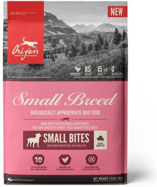 Orijen Small Breed hondenvoer met een afbeelding van een berglandschap, met de tekst "NEW" en "EASY OPEN".