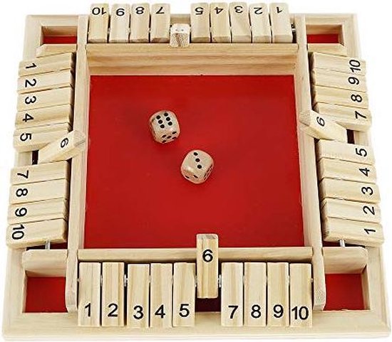 Thumbnail van een extra afbeelding van het spel Nixnix - Shut The Box - Rood - 4 Spelers - Dobbelspel - Inclusief 8x dobbelstenen - Hout - Kansspel - Bordspel - Kansspel - Reisspel - Drankspel