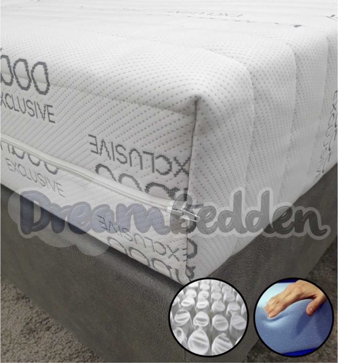 dreambedden Matras 100x200 HR55 Koudschuim 9-zones pocketvering Bamboo Exclusive Ca. 21cm Dik wit