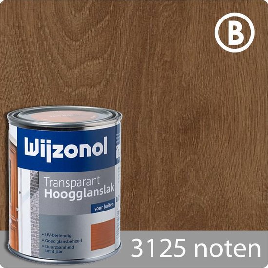 Blik Wijzonol Transparant Hoogglanslak "3125 noten" voor buiten, met bruine houtnerf op achtergrond.