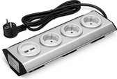 Navaris drievoudig hoekstopcontact - Stekkerdoos voor in de keuken en kantoor - Contactdoos 3-voudig - Met 2 USB-poorten - Zilver